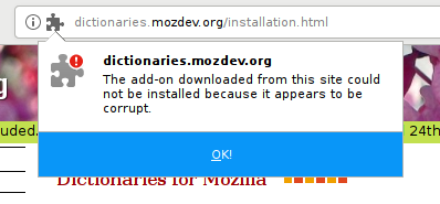 The message you're greeted with when trying to one-click install a dictionary in GNU IceCat