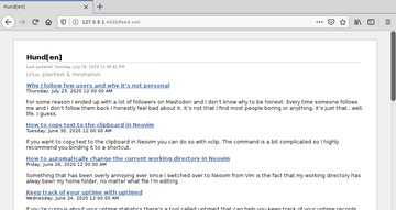 Firefox with my own web feed visible. To get a pretty formatting like this you need the addon "RSSPreview".